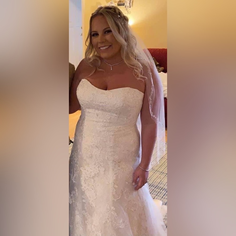 Lace Strapless Wedding Dress + Rhinestone Veil + Lace Garter